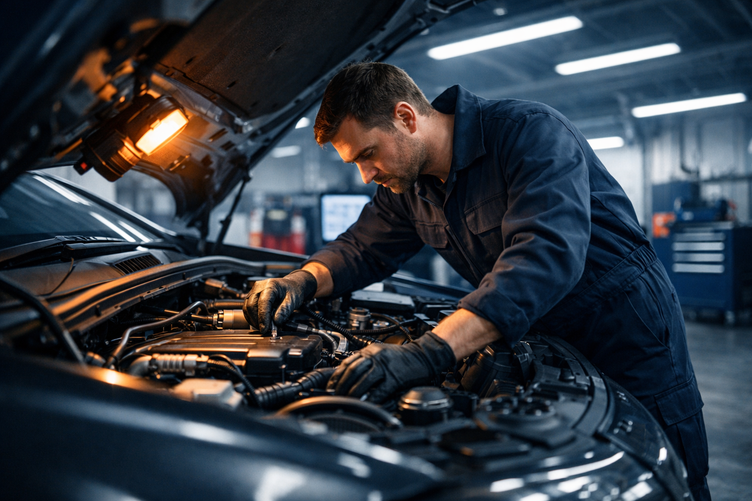 Profesyonel oto servis atölyesinde motor bakımı yapan teknisyen